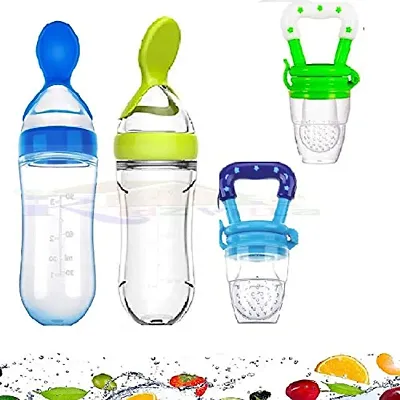 KIDZVILLA Feeding Spoon with Squeezy Food Grade Silicone Feeder Bottle, for Infant Baby, 90ml, BPA Free (Random Color/90 ml)