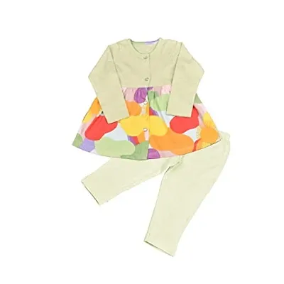 KIDZVILLA Baby Girl Full Sleeve Printed Front Open Knee Length Frock/Dress with Legging_Design-7_3-6 MNTS