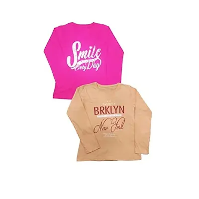 KIDZVILLA Cotton Printed Full Sleeve Girl's Regular Fit T-Shirt (Pack of 2) (13-14 Year/PP) Pink- Peach