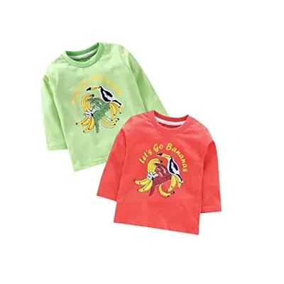 KIDZVILLA Unisex Baby Cotton Banana & Bird Graphic Print Full Sleeves Round Neck T-Shirt/Tees/Vest Pack of 2 (18-24) (Green+ Orange)