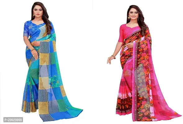 Stylish Fancy Georgette Saree With Blouse Piece Combo For Women Pack Of 2-thumb0