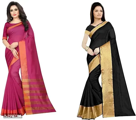 Stylish Fancy Cotton Blend Saree With Blouse Piece For Women Pack Of 2-thumb0