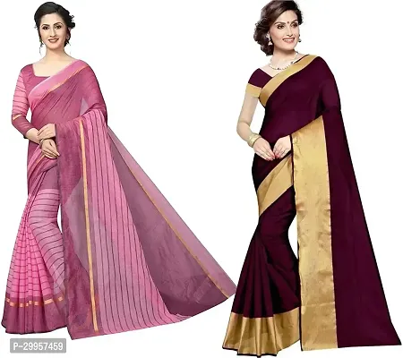 Stylish Fancy Cotton Silk Saree With Blouse Piece For Women Pack Of 2-thumb0