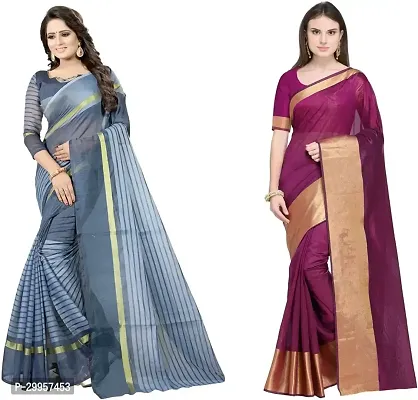 Stylish Fancy Cotton Silk Saree With Blouse Piece For Women Pack Of 2-thumb0