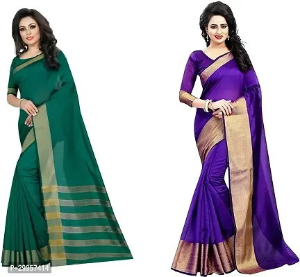 Stylish Fancy Cotton Silk Saree With Blouse Piece For Women Pack Of 2-thumb0