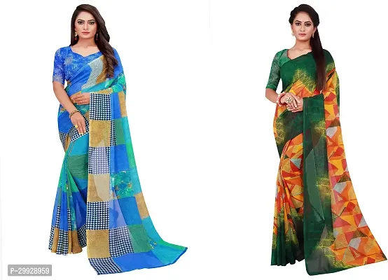 Stylish Fancy Georgette Saree With Blouse Piece Combo For Women Pack Of 2-thumb0