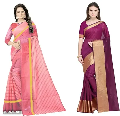 Stylish Fancy Cotton Silk Saree With Blouse Piece For Women Pack Of 2-thumb0