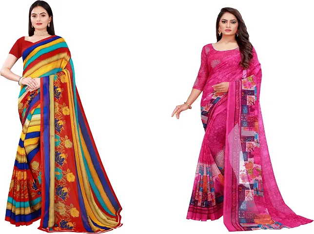 Elegant Daily Wear Georgette Women Saree With Blouse Piece -Pack Of 2