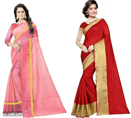 Stylish Fancy Cotton Silk Saree With Blouse Piece For Women Pack Of 2