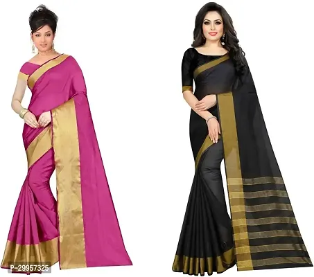 Stylish Fancy Cotton Silk Saree With Blouse Piece For Women Pack Of 2-thumb0