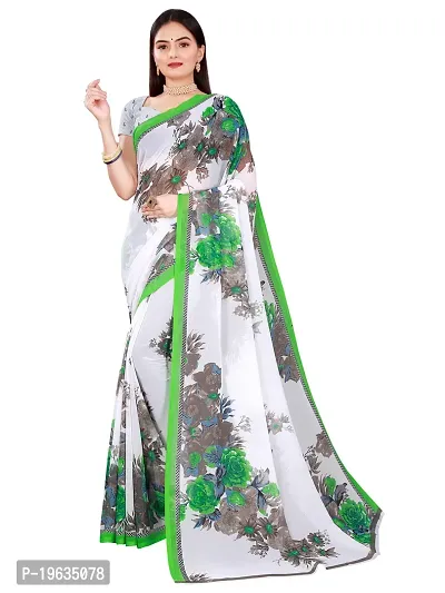 Todaydeal Women  White and Green Georgette Floral Printed Saree With Unstitched Blouse-thumb0