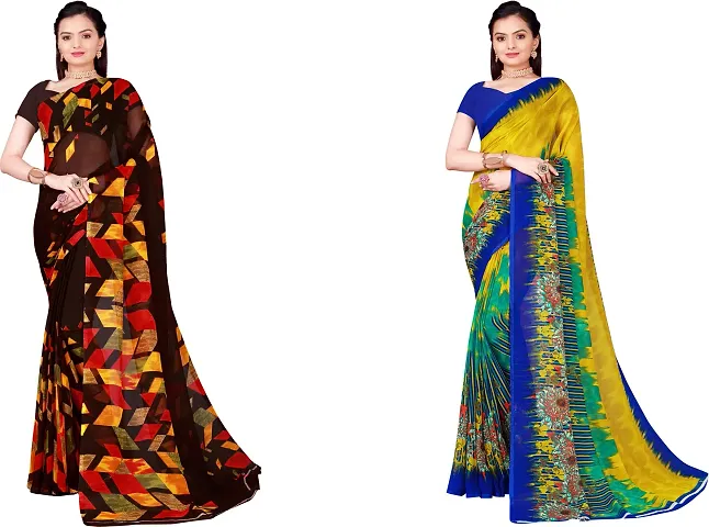 Stylish Fancy Georgette Saree With Blouse Piece Combo For Women Pack Of 2