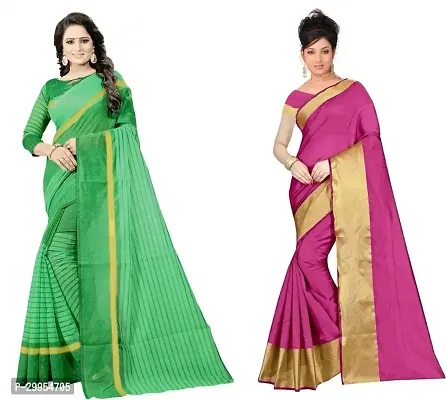 Stylish Fancy Cotton Silk Saree With Blouse Piece For Women Pack Of 2-thumb0