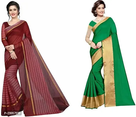 Stylish Fancy Cotton Silk Saree With Blouse Piece For Women Pack Of 2-thumb0