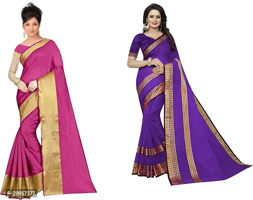 Stylish Fancy Cotton Silk Saree With Blouse Piece For Women Pack Of 2-thumb0