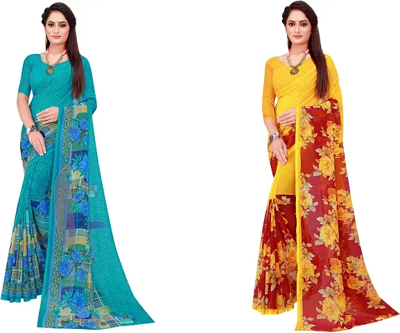 Stylish Fancy Georgette Saree With Blouse Piece Combo For Women Pack Of 2