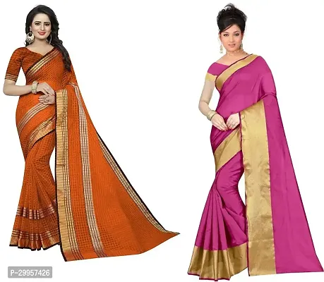 Stylish Fancy Cotton Silk Saree With Blouse Piece For Women Pack Of 2-thumb0