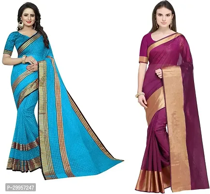 Stylish Fancy Cotton Silk Saree With Blouse Piece For Women Pack Of 2-thumb0