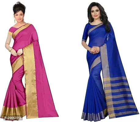 Stylish Fancy Cotton Silk Saree With Blouse Piece For Women Pack Of 2-thumb0