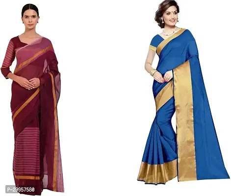 Stylish Fancy Cotton Silk Saree With Blouse Piece For Women Pack Of 2-thumb0