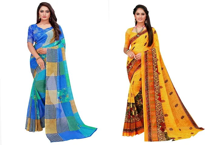 Stylish Fancy Georgette Saree With Blouse Piece Combo For Women Pack Of 2