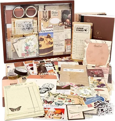 PSM100 348 Pcs Scrapbook Kit Vintage Aesthetic Scrapbook Kit for Bullet Junk Journal Stati