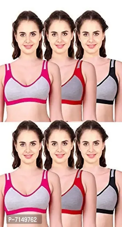 DIGITAL SHOPEE Women Cotton Blend Stretchable Non-Padded Wire Free Light Weight Seamless Sports/Gym Bra- Pack of 3, Multicolor