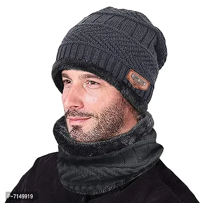 DIGITAL SHOPEE 2 Pieces Winter Cap Neck Scarf Set Warm Knitted Fur Lined for Men  Women Free Size(Grey)-thumb0