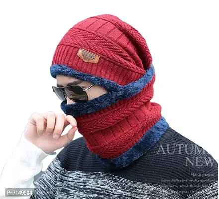 DIGITAL SHOPEE 2 Pieces Winter Cap Neck Scarf Set Warm Knitted Fur Lined for Men  Women Free Size(Red)-thumb0