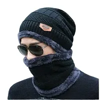 DIGITAL SHOPEE 2 Pieces Winter Cap Neck Scarf Set Warm Knitted Fur Lined for Men  Women Free Size(Black)-thumb1