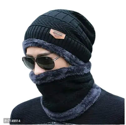 DIGITAL SHOPEE 2 Pieces Winter Cap Neck Scarf Set Warm Knitted Fur Lined for Men  Women Free Size(Black)-thumb2