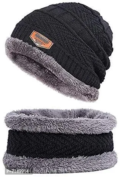 DIGITAL SHOPEE 2 Pieces Winter Cap Neck Scarf Set Warm Knitted Fur Lined for Men  Women Free Size(Black)-thumb0