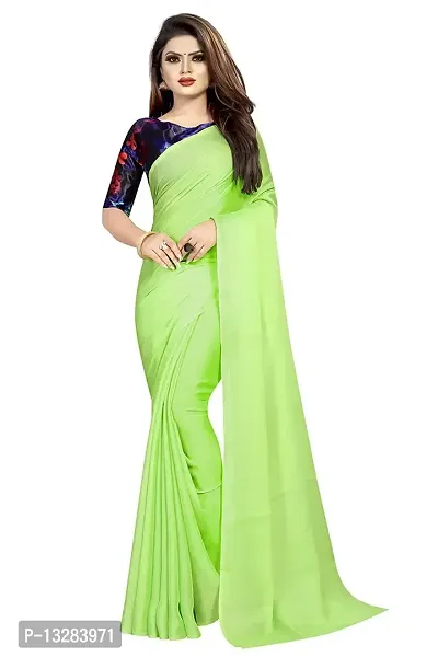 womens Chiffon Plan Saree With Digital Printed Blouse-thumb0