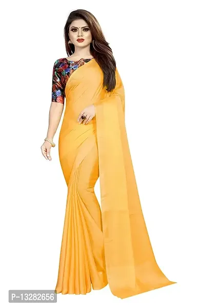 womens Chiffon Plan Saree With Digital Printed Blouse