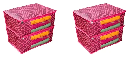 ANNORA INTERNATIONAL Non Woven Fabric Saree Cover/Clothes Organizer |Transparent Window |Zipper Closure With Foldable Material|Size 43 x 35 x 22, Pack of 4 ( Pink)