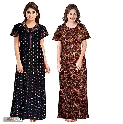 STARS REWIN Trendy Women's Cotton Maternity Regular Nighty/Nightwear/Nighties,Gown,Maxi,InnerSleepwear Comfort Stylish Design Nightdress Patta  Dot Flower (Brown-Blue) M-thumb0