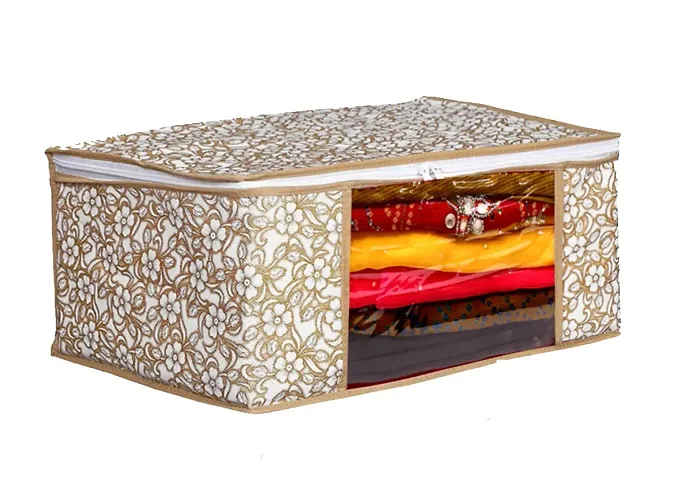 Non-Woven Fabric Floral Print Front Window Purpose Clothing, Saree and Suit Storage Bag With Zip- Pack Of 1