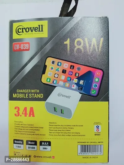 CROVELL 18W CHARGER WITH TYPE C CABLE,DUAL USB,CHARGER WITH STAND,3.4A CHARGER-thumb2
