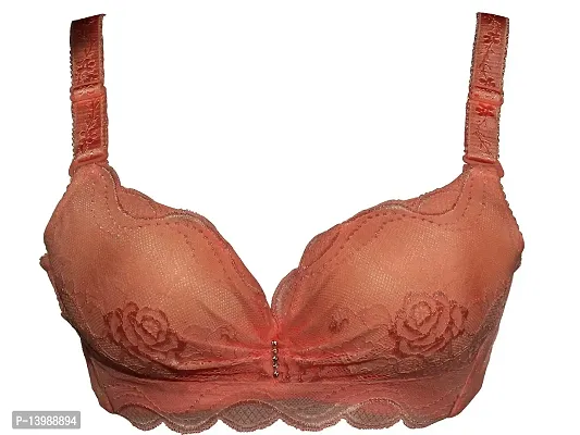 AyA Fashion Women's Poly Cotton Thick Padded Wired Lace Bra (BA0028-80_Pink_32B)-thumb0