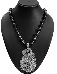 AyA Fashion Designer Oxidized German Silver Necklace With Black Beads and Beautiful Peacock Pendent and Pair of Earrings-thumb2