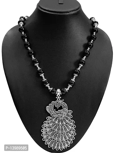 AyA Fashion Designer Oxidized German Silver Necklace With Black Beads and Beautiful Peacock Pendent and Pair of Earrings-thumb3