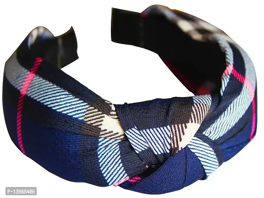 AyA Fashion Blue Broad Checks Knotted Fabric Hairband | Retro Style Wide Bandana Hair Band-thumb0