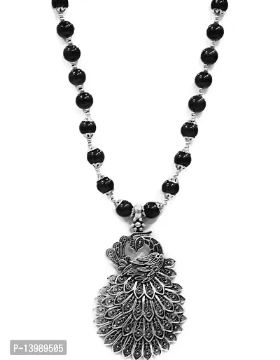 AyA Fashion Designer Oxidized German Silver Necklace With Black Beads and Beautiful Peacock Pendent and Pair of Earrings