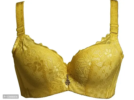 AyA Fashion Underwired Padded Cotton Lace Net Bra with Thick Strap (BA00018_Yellow_30B)