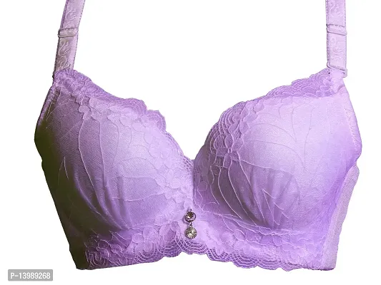 AyA Fashion Women's Poly Cotton Thick Padded Wired Lace Bra (BA0012-85_Purple_34B)-thumb0