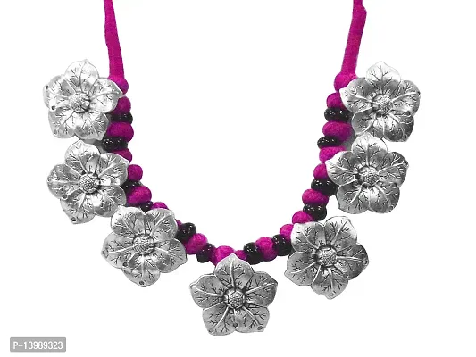 AyA Fashion Pink , Blue Oxidised German Silver Floral Necklace for Women