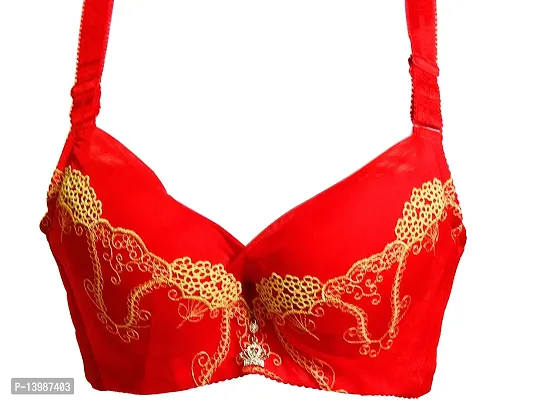 AyA Fashion Underwired Padded Cotton Lace Net Bra with Thick Strap (BA002a_Red_32B)-thumb0