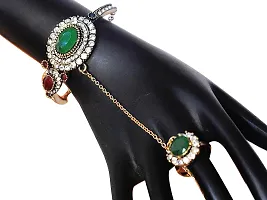 AyA Fashion Multicolor Oxidised Gold Stone Studded Bracelet attached with Finger Ring for Women-thumb1