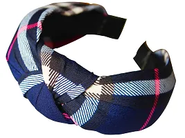 AyA Fashion Blue Broad Checks Knotted Fabric Hairband | Retro Style Wide Bandana Hair Band-thumb3