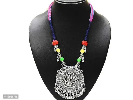AyA Fashion Women's Oxidized German Silver Necklace with Floral Beads and Ghungroo and Black Thread Work-thumb3